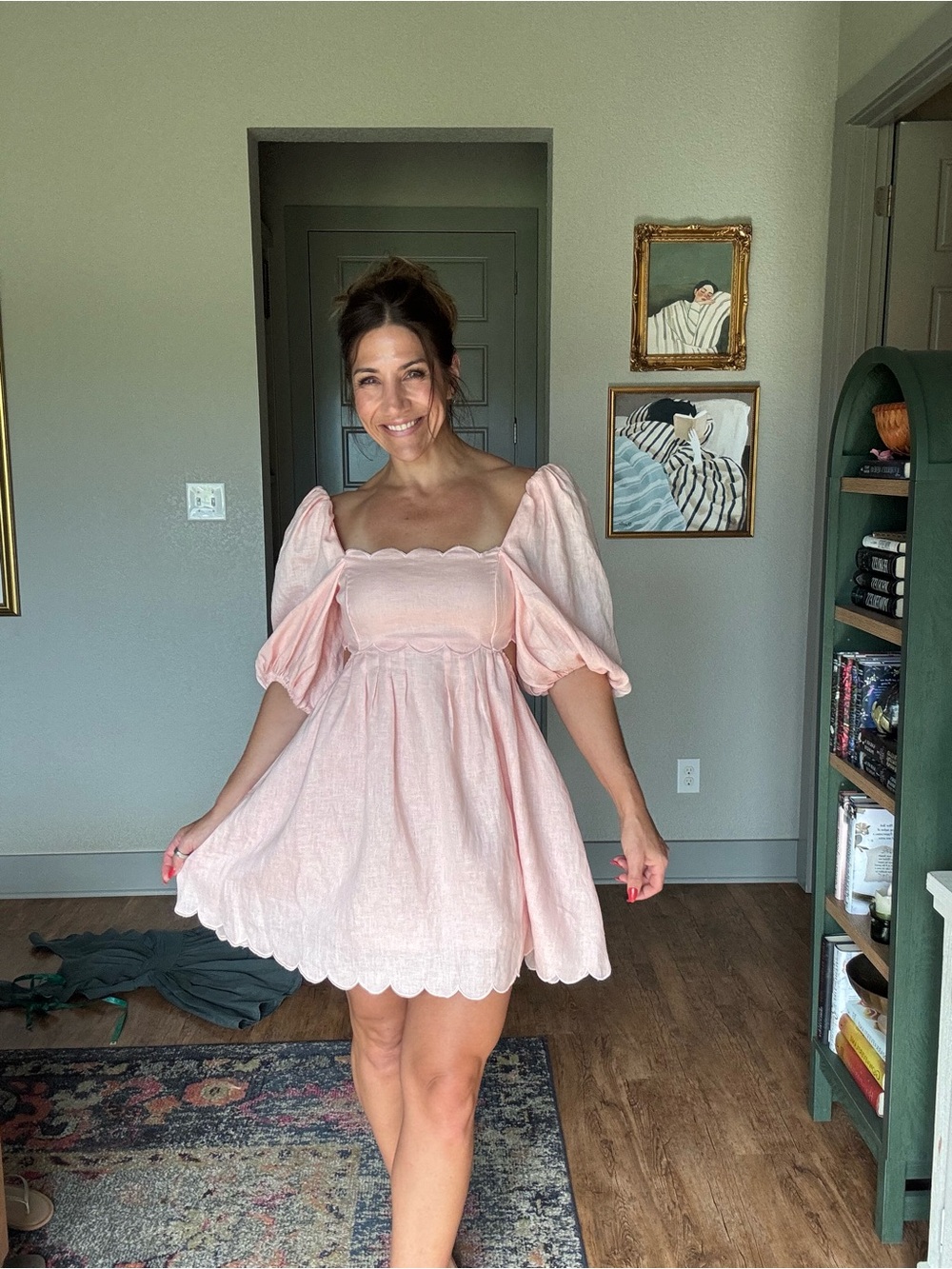 Mable 100% Linen Blush Pink Scalloped Puff Sleeve Mini Dress | Medium
